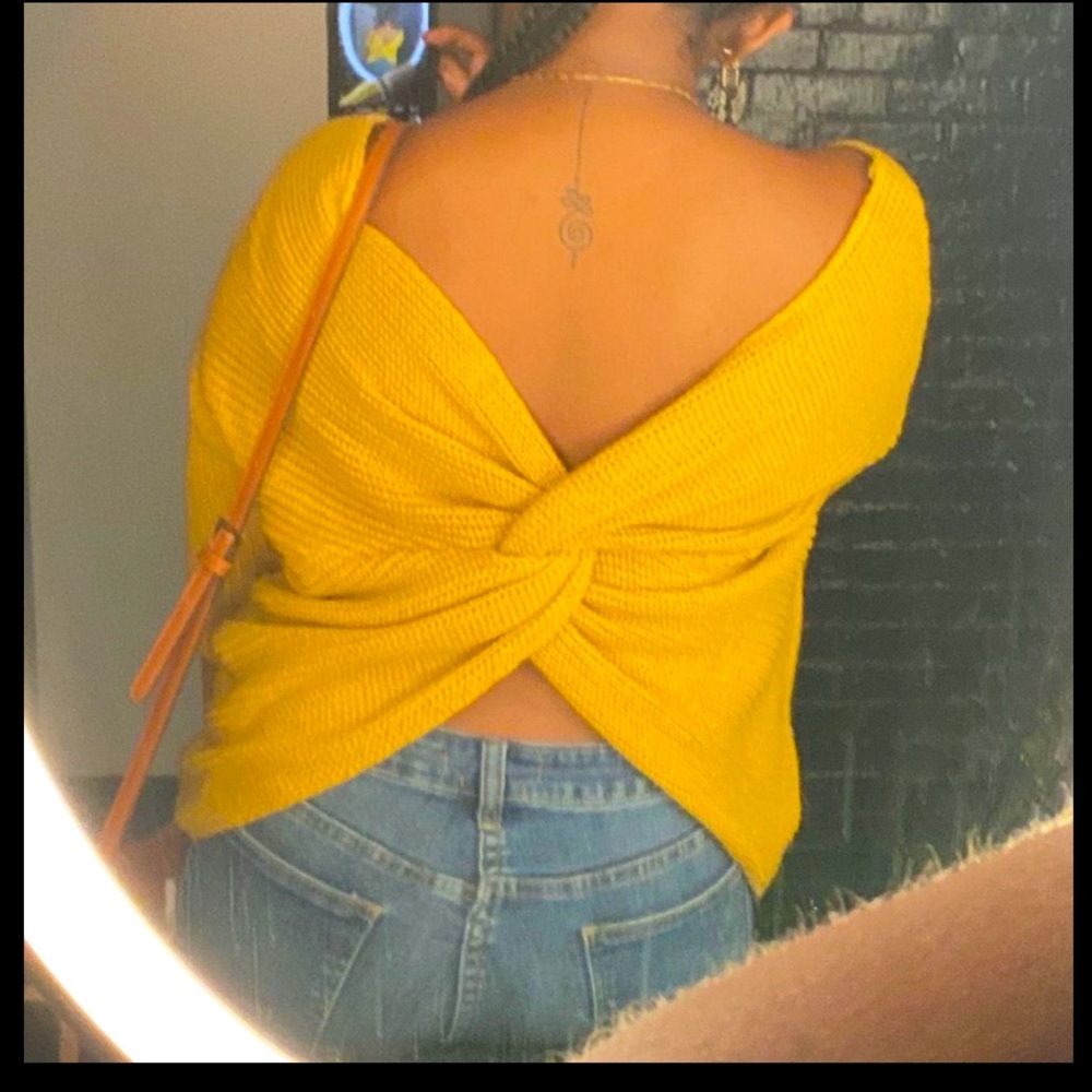 Off The Shoulder Backless Knot Mustard Sweater